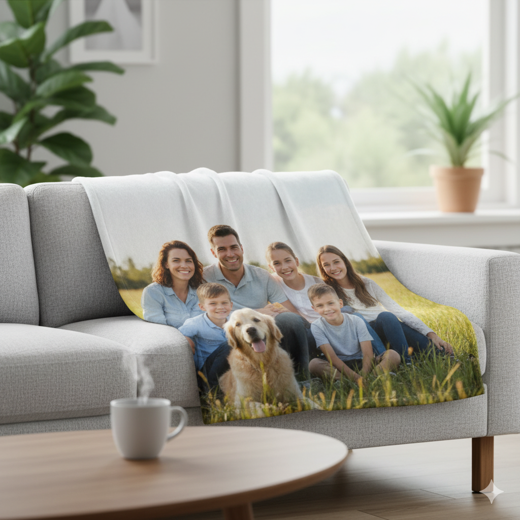 Personalized photo blanket with a family and dog on a gray sofa in a living room.
