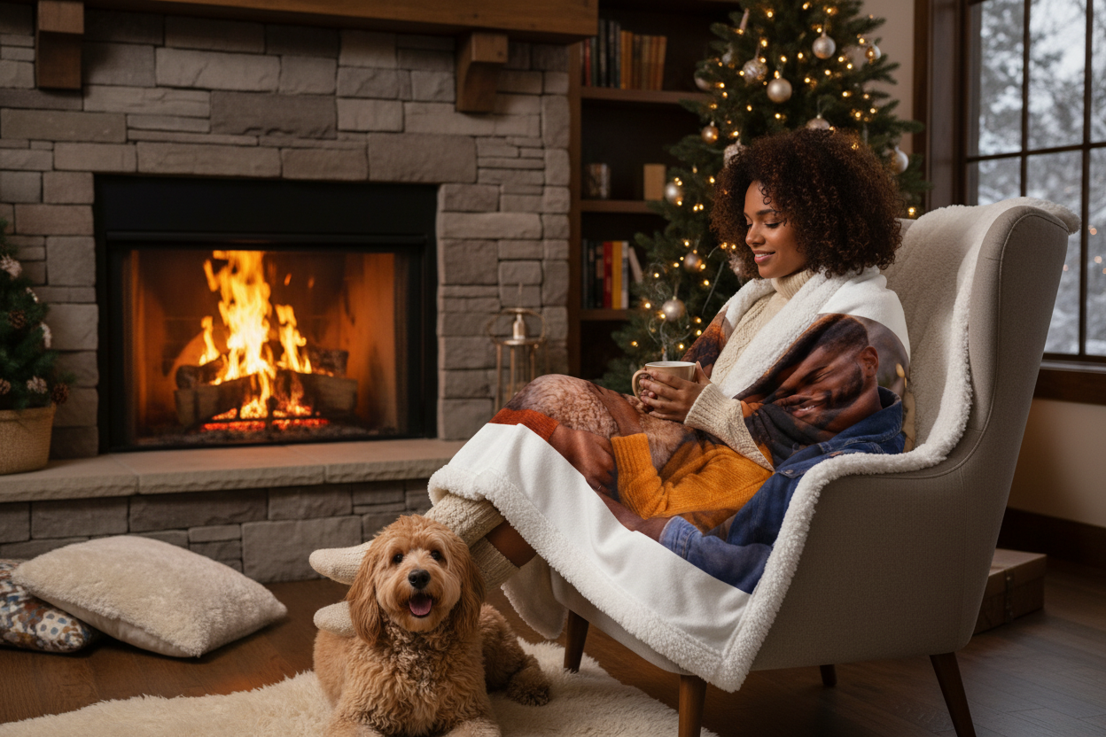 Blanket by fireplace