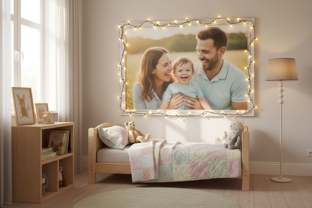 Child's bedroom with family photo poster