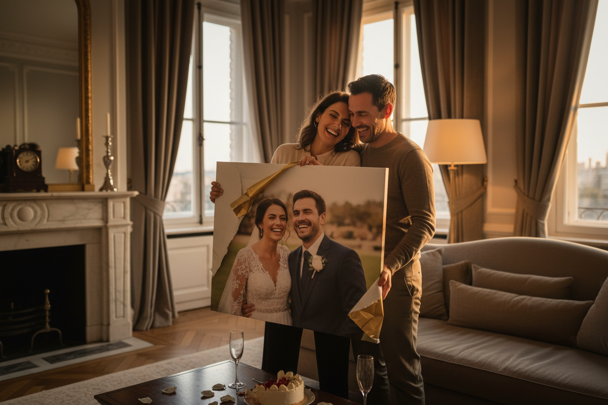Couple with anniversary canvas