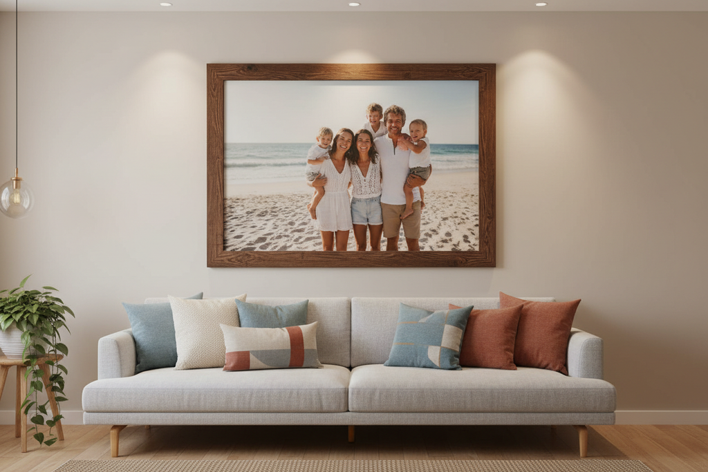 Framed canvas on living room wall