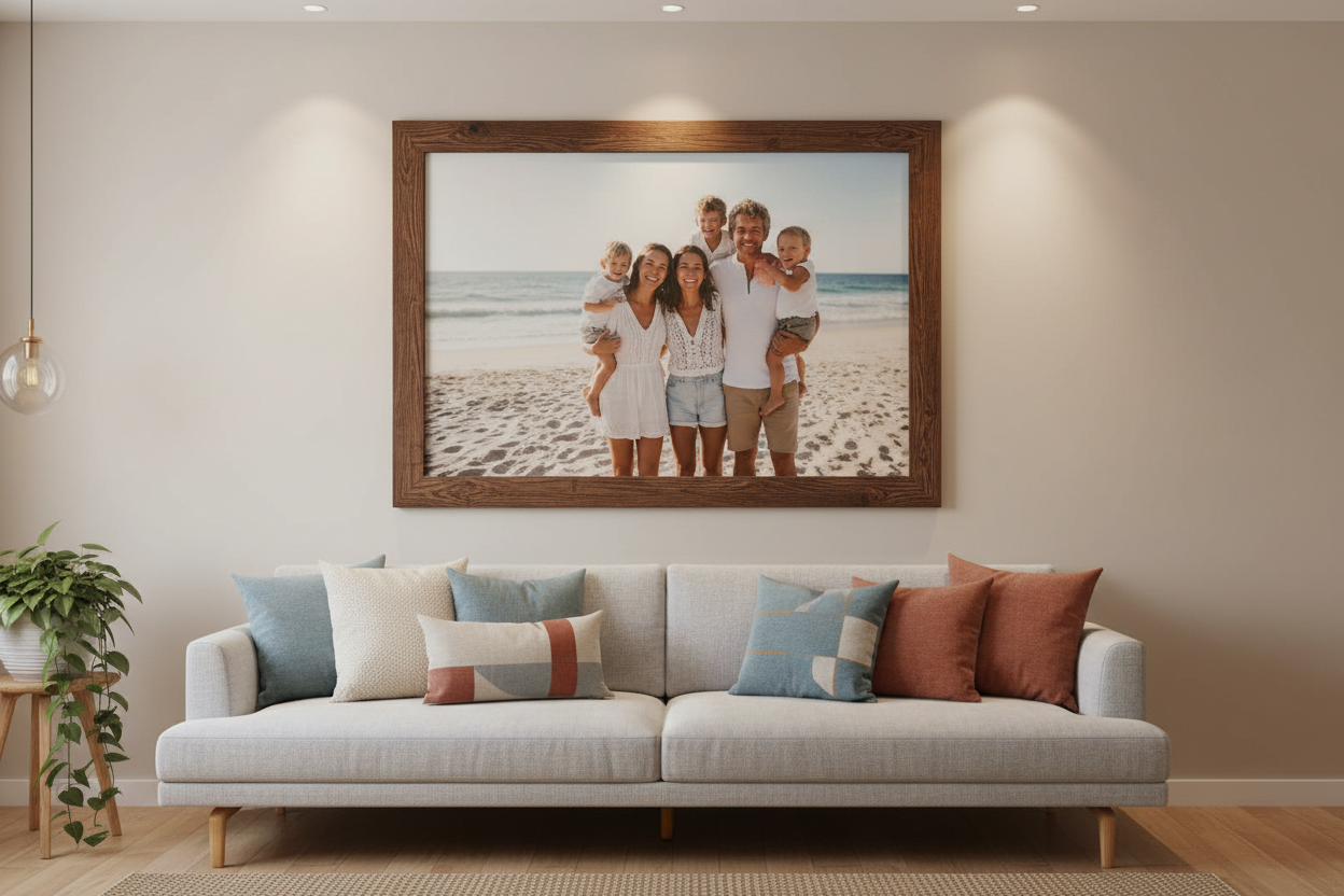 Framed canvas on living room wall