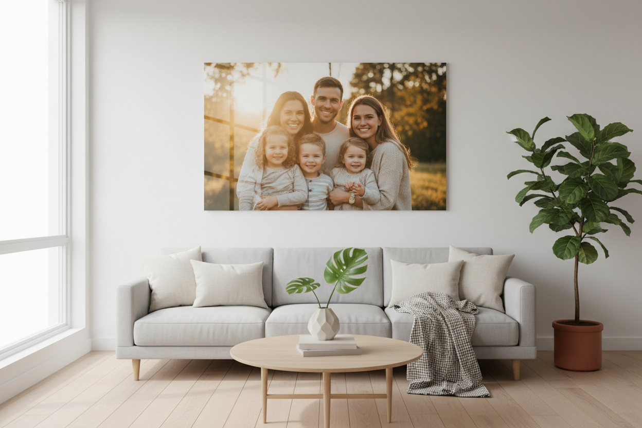 Custom photo poster with family portrait displayed in modern living room wall art