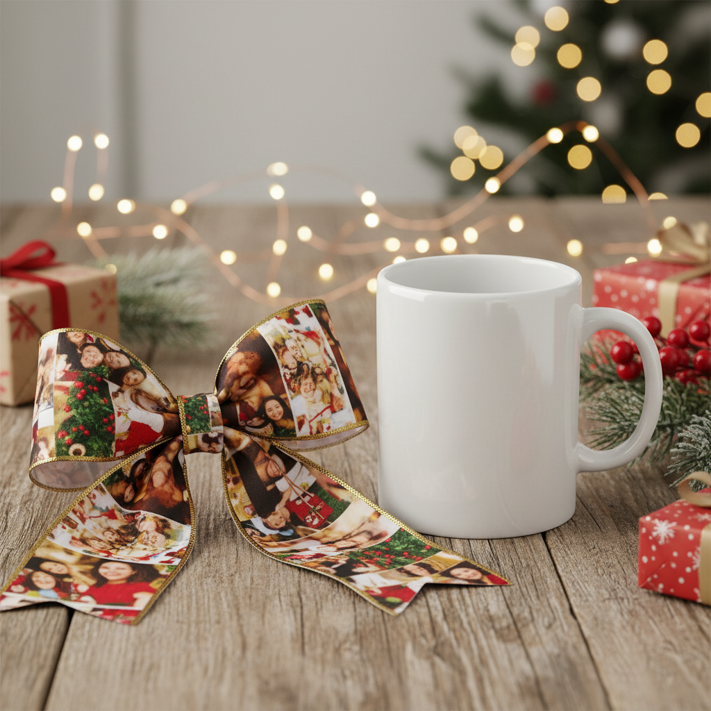 White glossy custom photo mug as a holiday gift with ribbon bow