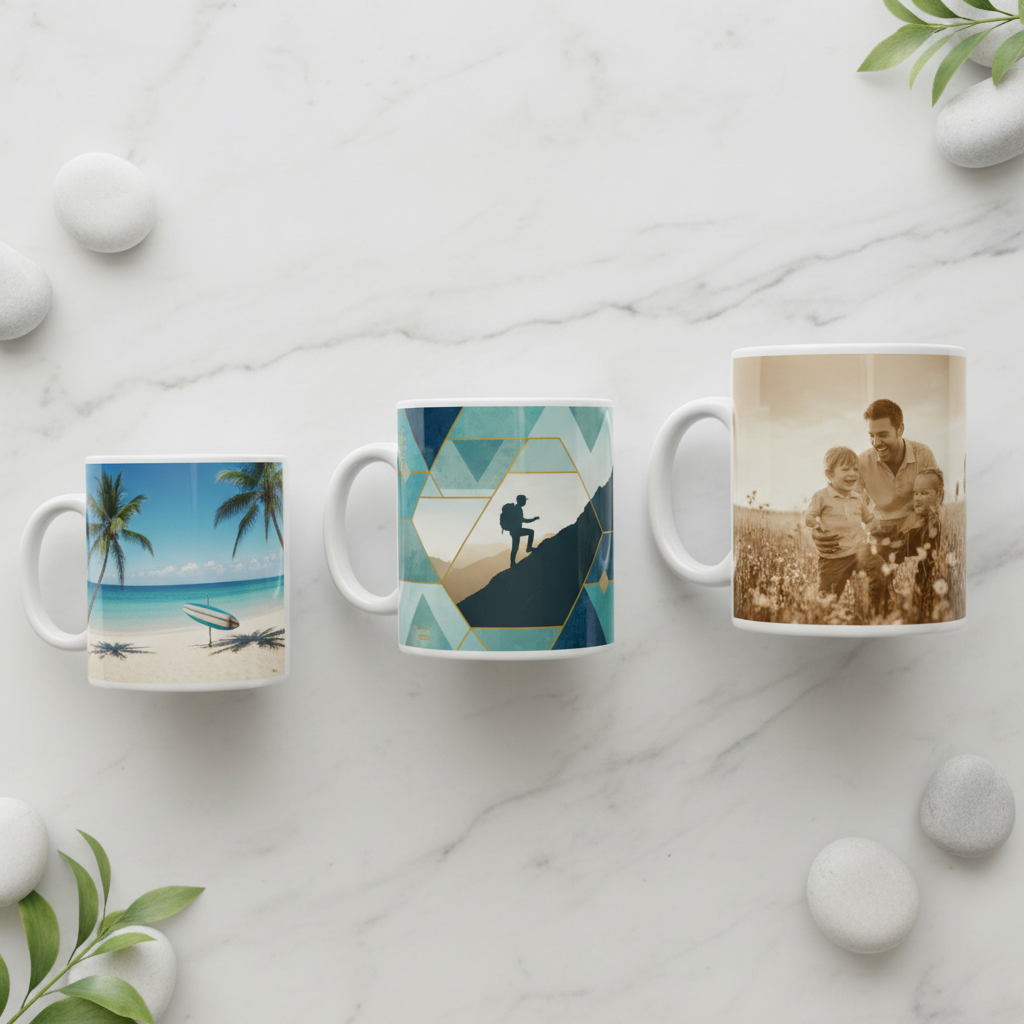 Three white glossy custom photo mugs in 11oz, 15oz, and 20oz on marble surface