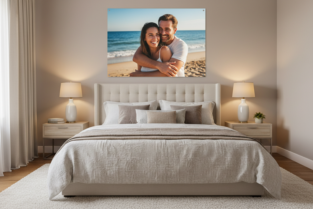 Romantic couple photo above bedroom headboard