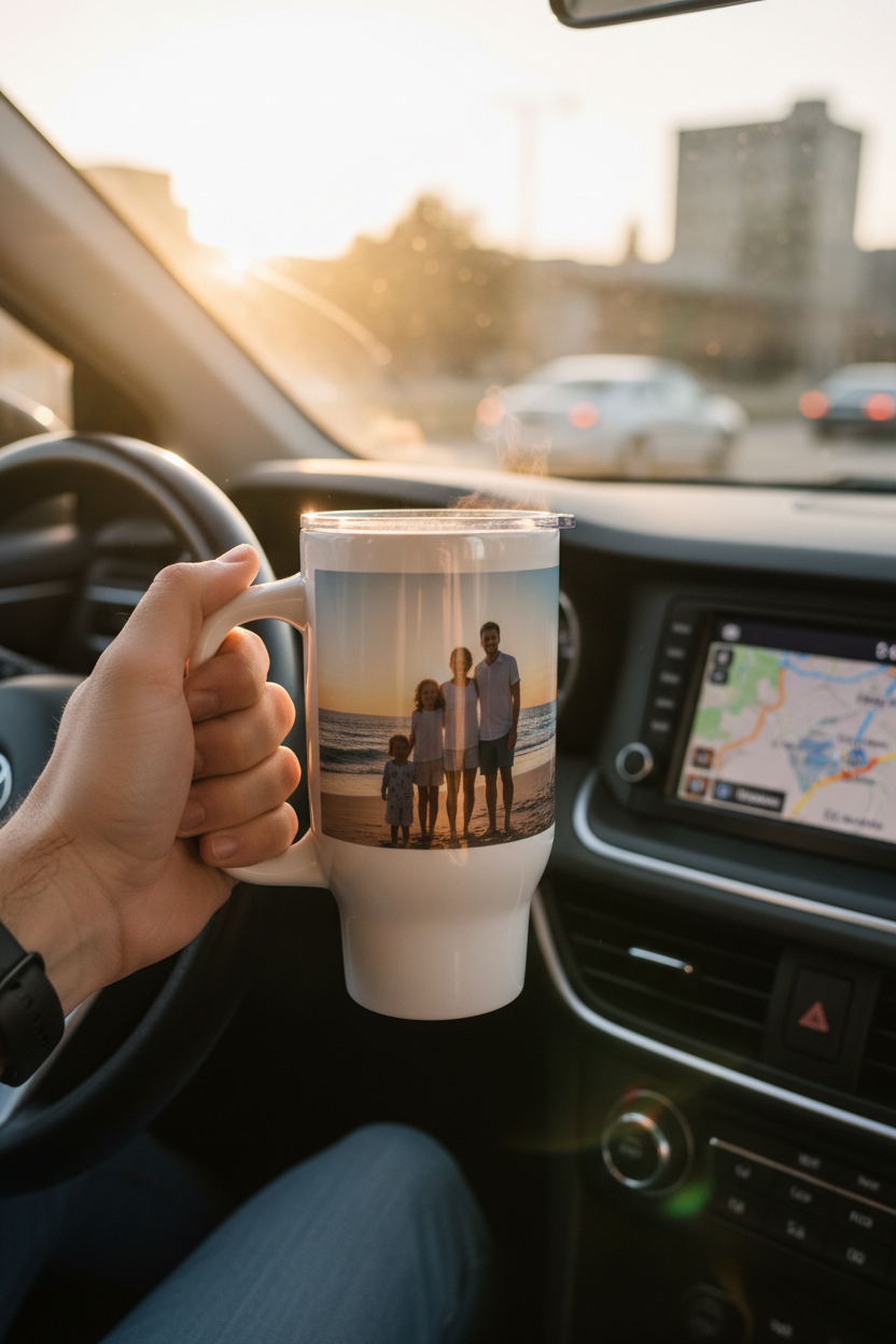 Travel mug in car